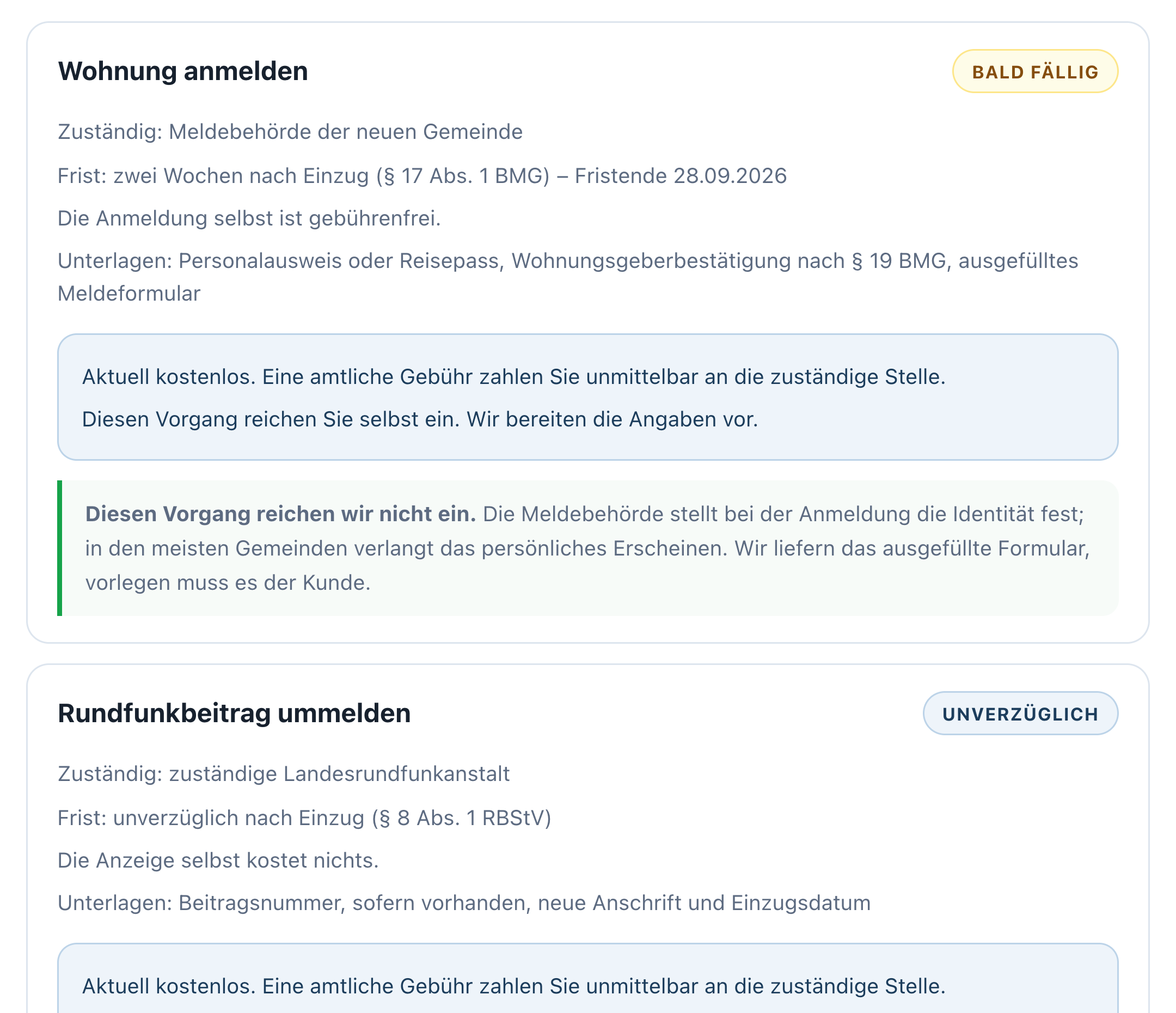 Fahrplan in AntragsWerk24 nach einem Umzug: die Wohnungsanmeldung mit laufender Zwei-Wochen-Frist nach § 17 Abs. 1 BMG, der zuständigen Meldebehörde, den nötigen Unterlagen und dem Hinweis, dass die Wohnungsanmeldung selbst einzureichen ist – darunter beginnt der Rundfunkbeitrag, der ohne Tagesfrist als unverzüglich geführt wird.