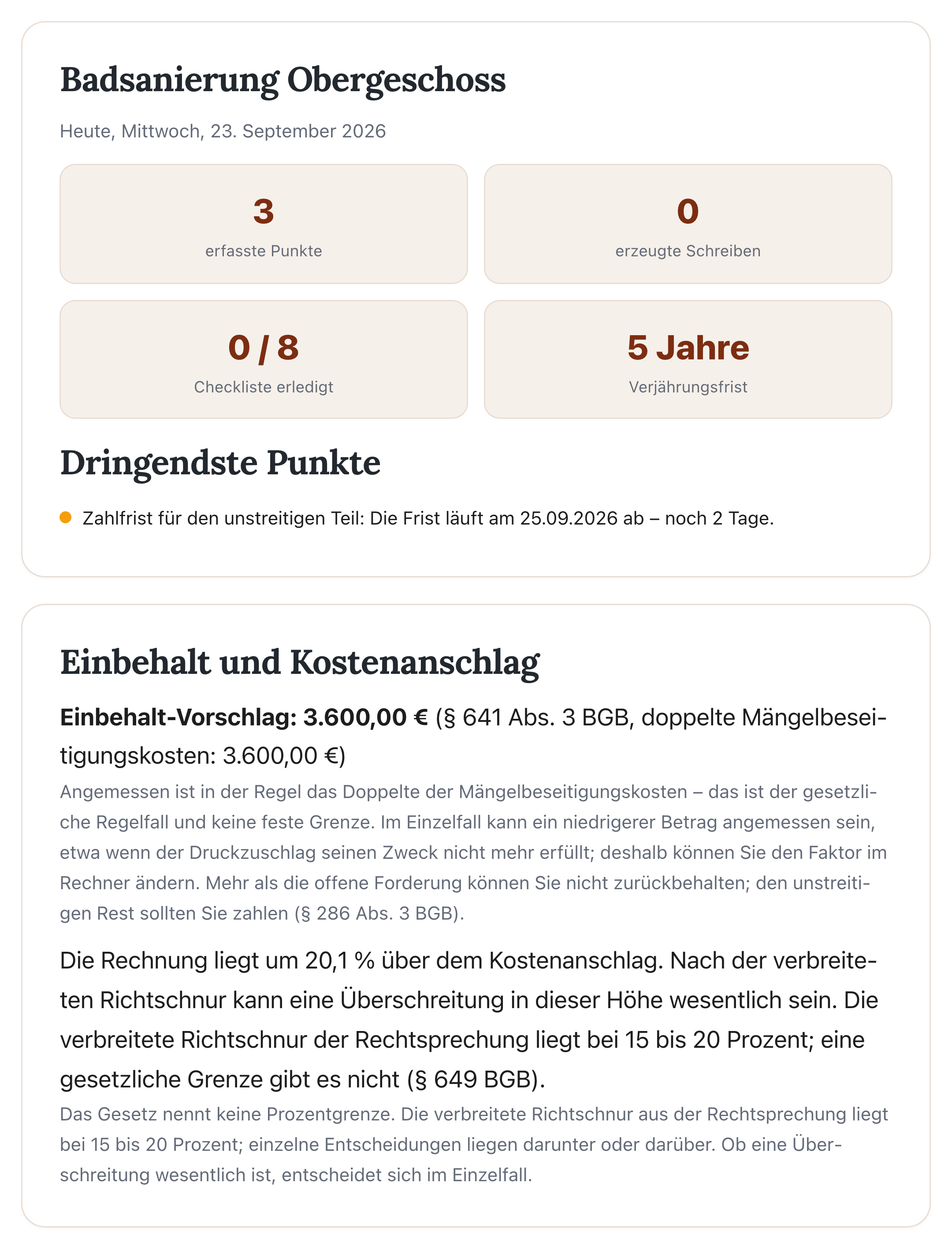 Vorgangs-Übersicht in MängelPilot für eine Badsanierung: drei erfasste Punkte, die Verjährungsfrist am Bauwerk, ablaufende Fristen und der berechnete Einbehalt nach § 641 Abs. 3 BGB samt Bewertung der überschrittenen Kostenanschlagssumme.